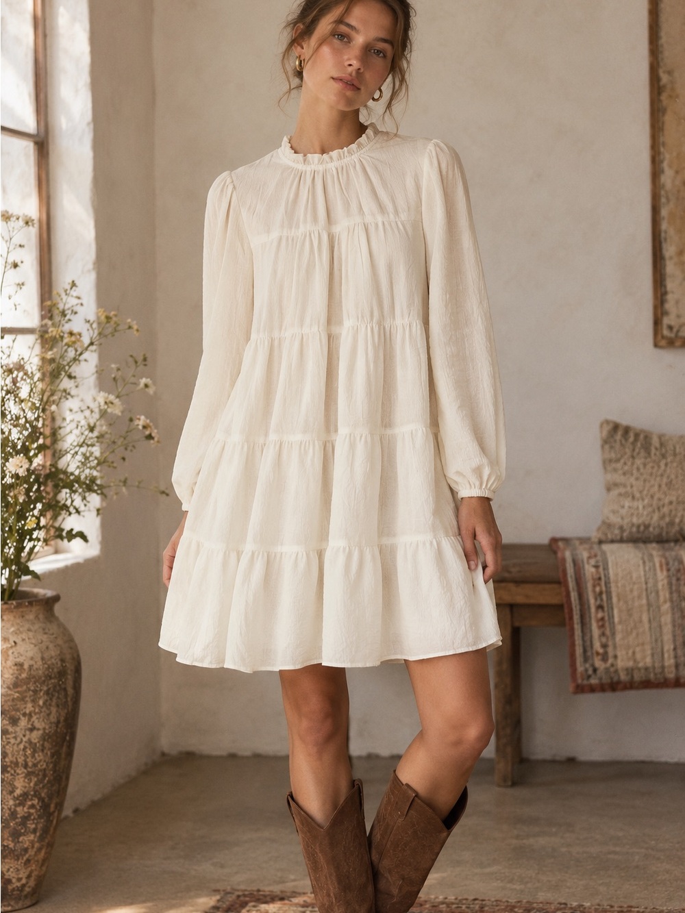 NWT Romantic Tiered Long-Sleeve Mini Dress - Size S